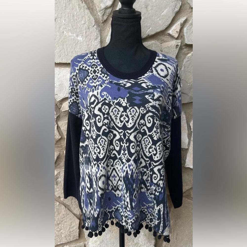 Rapsodia Sweater L XL Gray Black Ikat Print‎